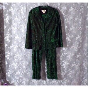 Vintage 60s Green Lurex Pants Suit Size Medium 1960s Retro Holiday Glam Cocktail